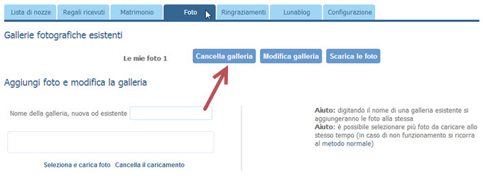 cancella galleria foto della lista nozze