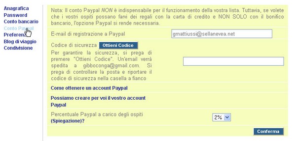 Inserimento conto Paypal per lista nozze