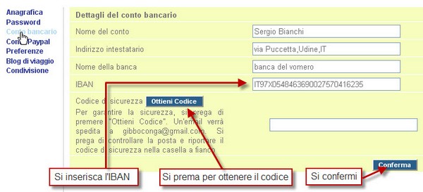 Inserimento coordinate bancarie per lista nozze