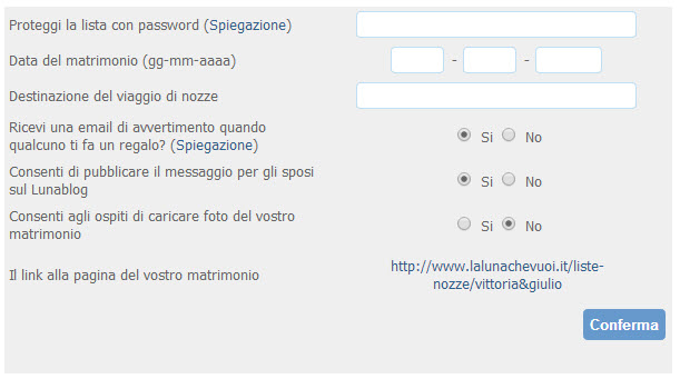 preferenze della lista nozze