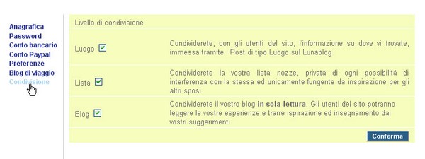 preferenze per la condivisione della lista nozze