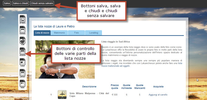 icone controllo personalizzazione lista nozze