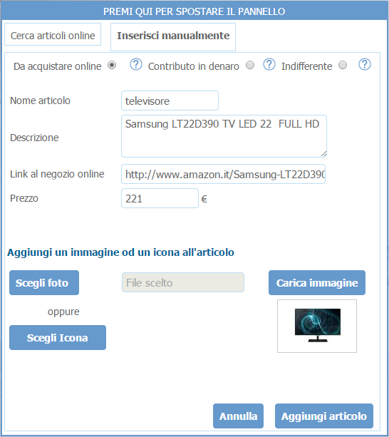 inserisci regalo in lista nozze