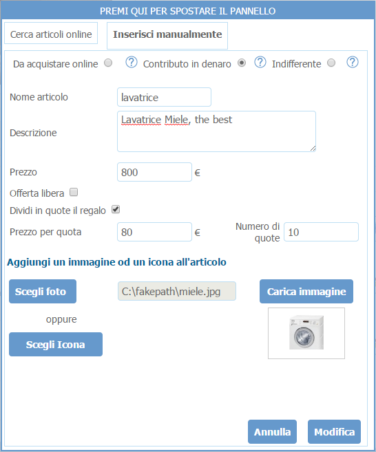 inserisci il regalo manualmente in lista